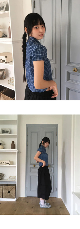 Rehue Check Shirring Banding Puff Short Sleeve Blouse