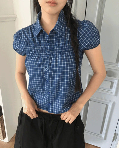 Rehue Check Shirring Banding Puff Short Sleeve Blouse