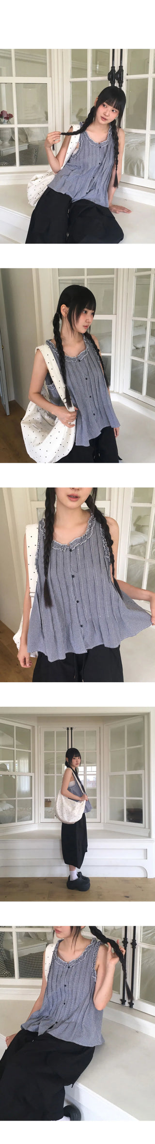 Mobe Pintuck Check Frill Sleeveless Blouse
