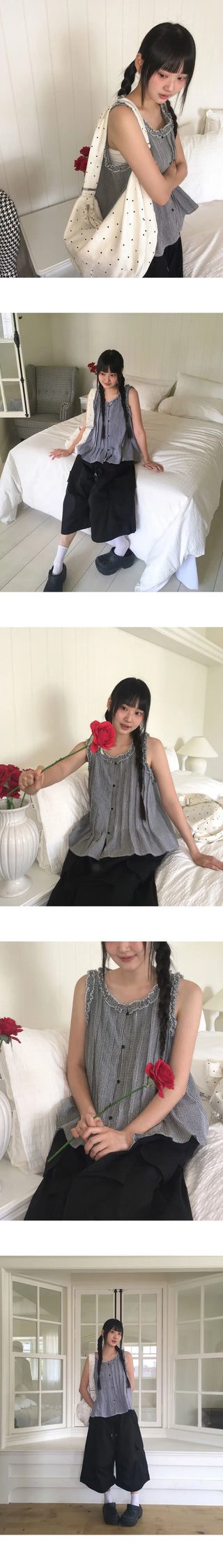 Mobe Pintuck Check Frill Sleeveless Blouse
