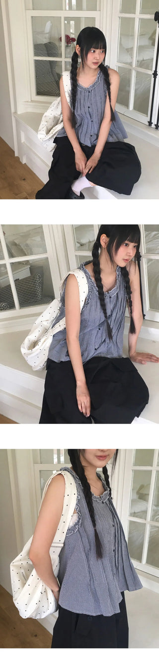 Mobe Pintuck Check Frill Sleeveless Blouse