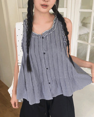Mobe Pintuck Check Frill Sleeveless Blouse