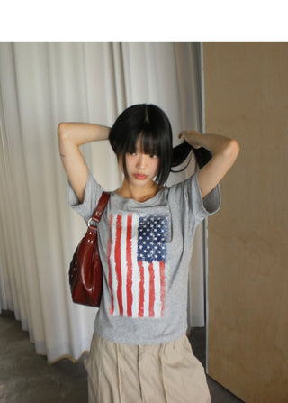 DET Vintage Stars and Stripes Print One Off Shoulder Short Sleeve T-Shirt