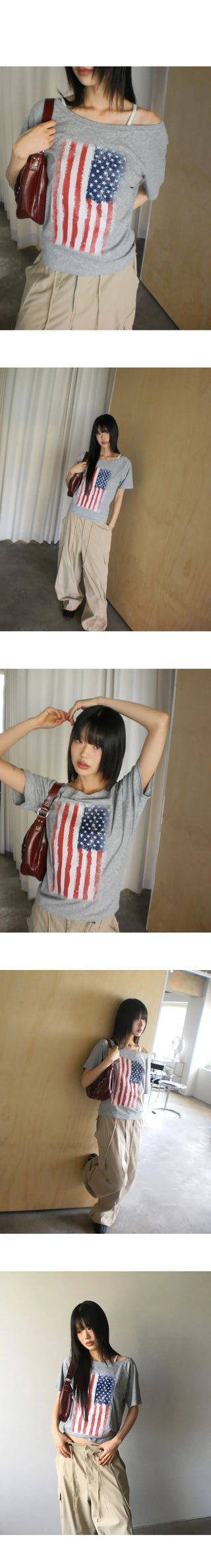 DET Vintage Stars and Stripes Print One Off Shoulder Short Sleeve T-Shirt