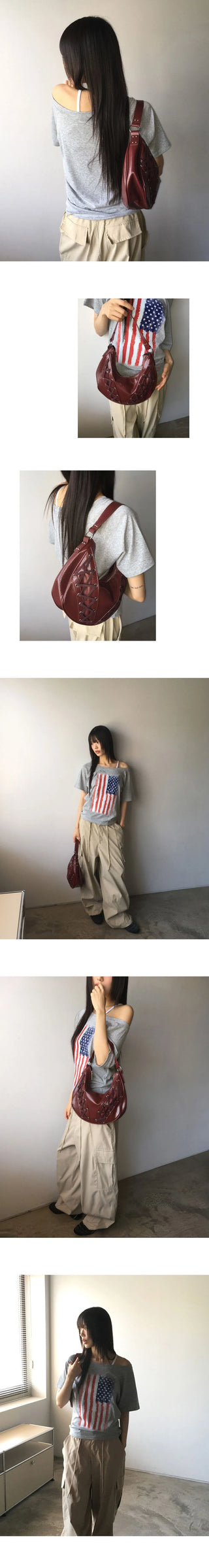 DET Vintage Stars and Stripes Print One Off Shoulder Short Sleeve T-Shirt