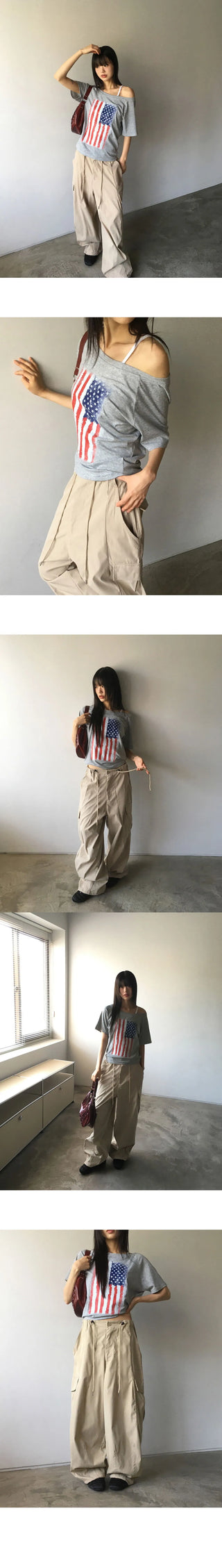 DET Vintage Stars and Stripes Print One Off Shoulder Short Sleeve T-Shirt