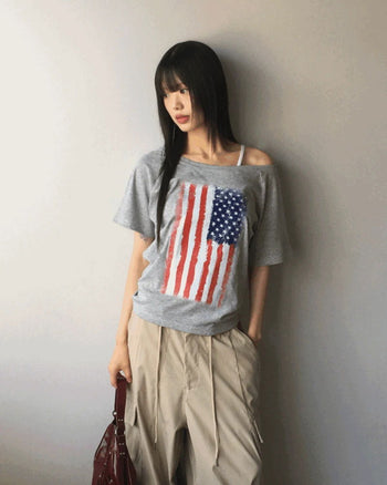 DET Vintage Stars and Stripes Print One Off Shoulder Short Sleeve T-Shirt