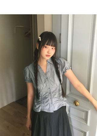 Pique Check V-Neck Shirring Puff Short Sleeve Blouse