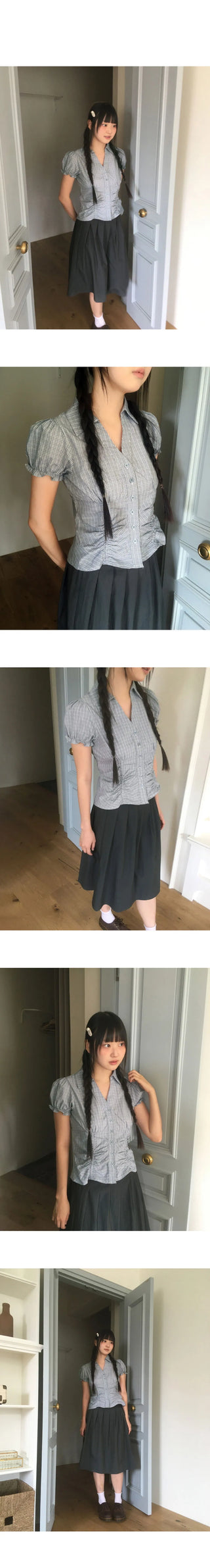 Pique Check V-Neck Shirring Puff Short Sleeve Blouse