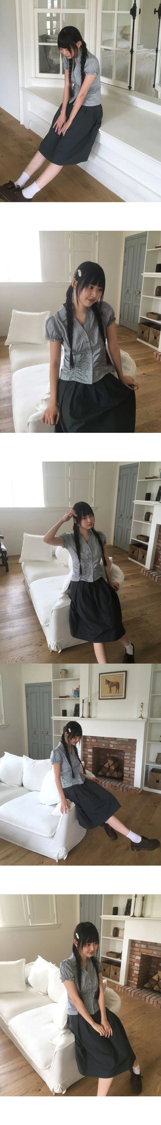 Pique Check V-Neck Shirring Puff Short Sleeve Blouse
