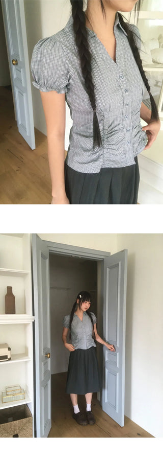 Pique Check V-Neck Shirring Puff Short Sleeve Blouse