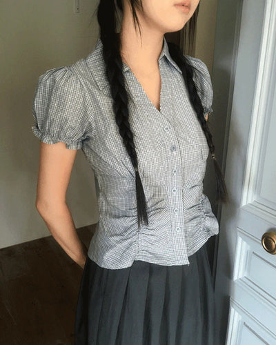 Pique Check V-Neck Shirring Puff Short Sleeve Blouse