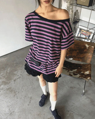 Mats Stripe One Off Shoulder Overfit Short Sleeve T-Shirt
