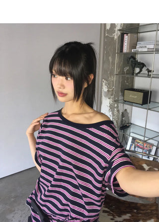 Mats Stripe One Off Shoulder Overfit Short Sleeve T-Shirt