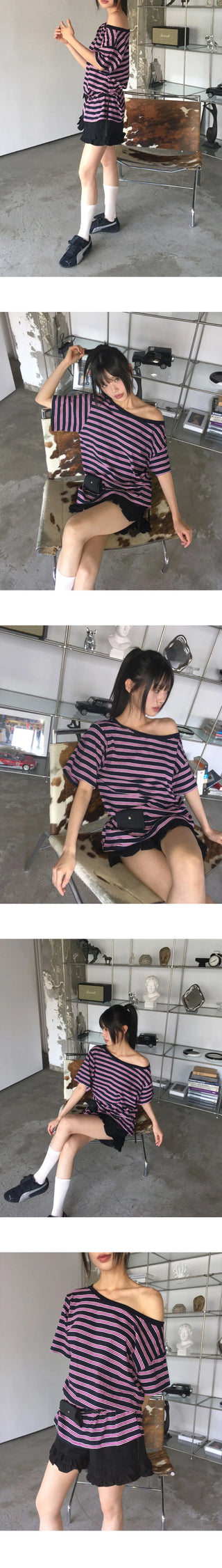 Mats Stripe One Off Shoulder Overfit Short Sleeve T-Shirt
