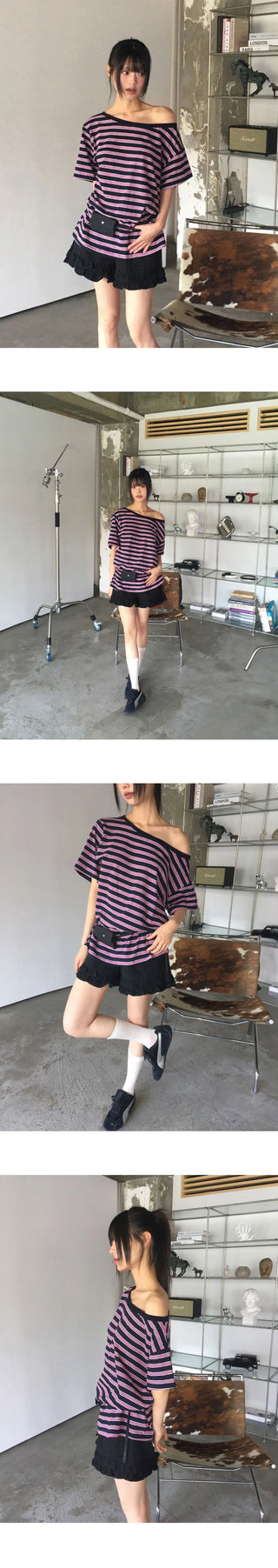 Mats Stripe One Off Shoulder Overfit Short Sleeve T-Shirt