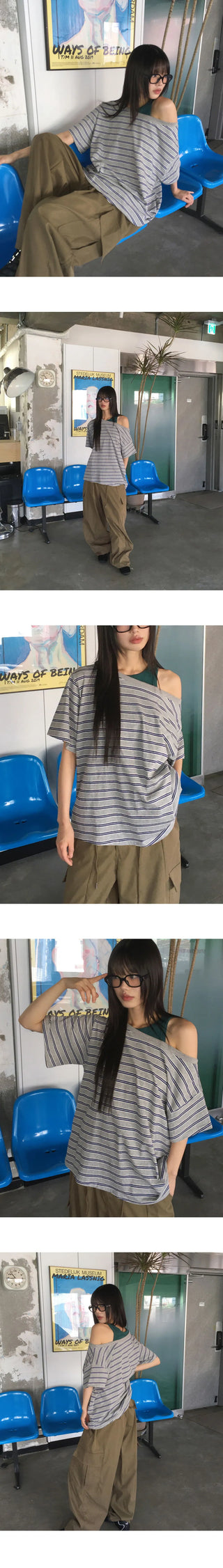 Mats Stripe One Off Shoulder Overfit Short Sleeve T-Shirt