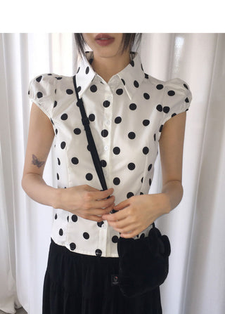 Miring Dot Strap Puff Blouse