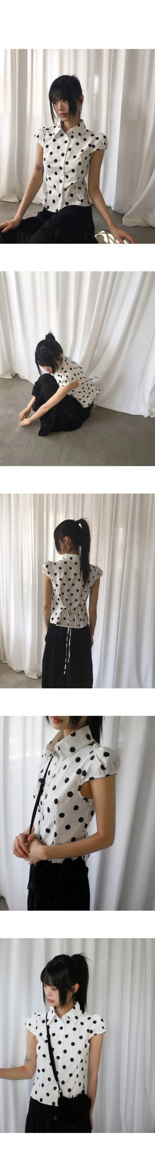 Miring Dot Strap Puff Blouse