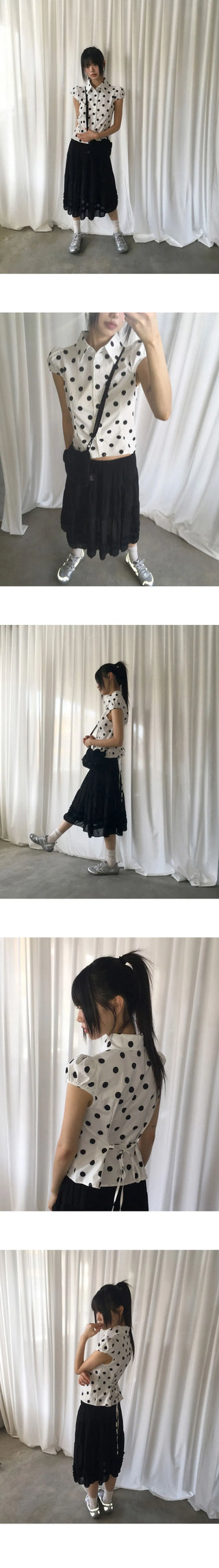 Miring Dot Strap Puff Blouse