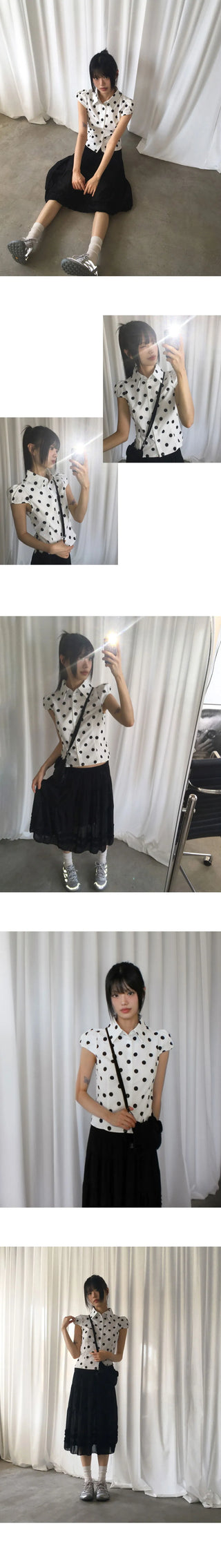 Miring Dot Strap Puff Blouse