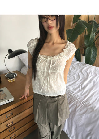 Shua lace punching ribbon puff blouse