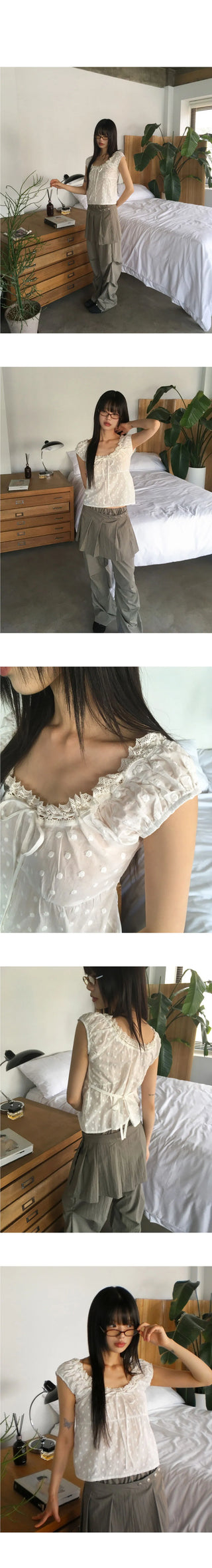 Shua lace punching ribbon puff blouse