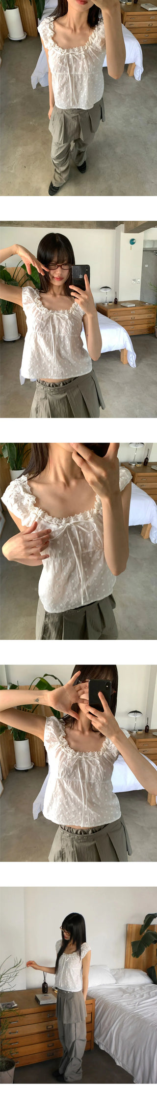 Shua lace punching ribbon puff blouse