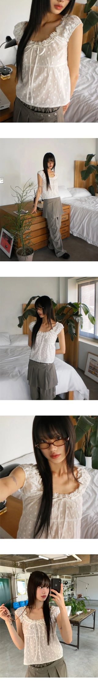 Shua lace punching ribbon puff blouse