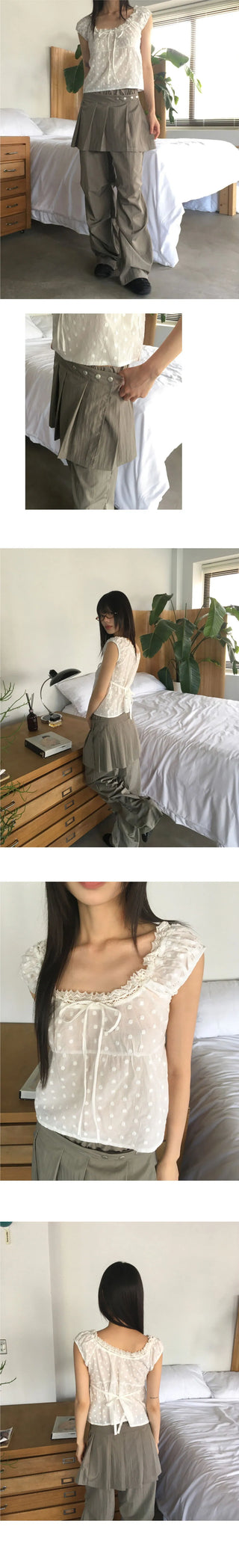Shua lace punching ribbon puff blouse