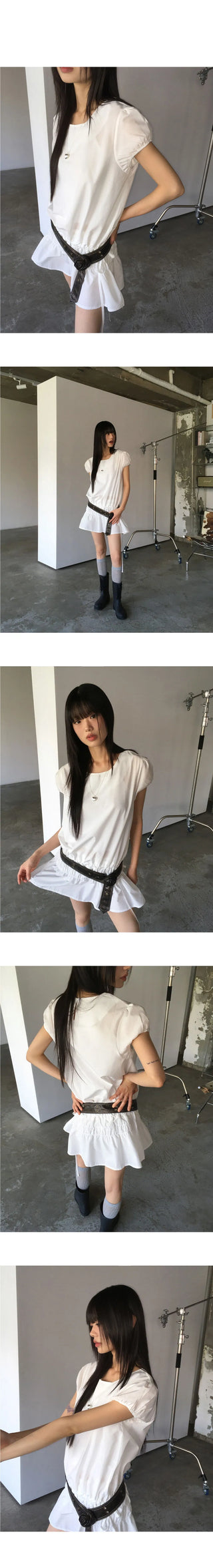 Pne Shirring Banding Puff Short Sleeve Mini Dress