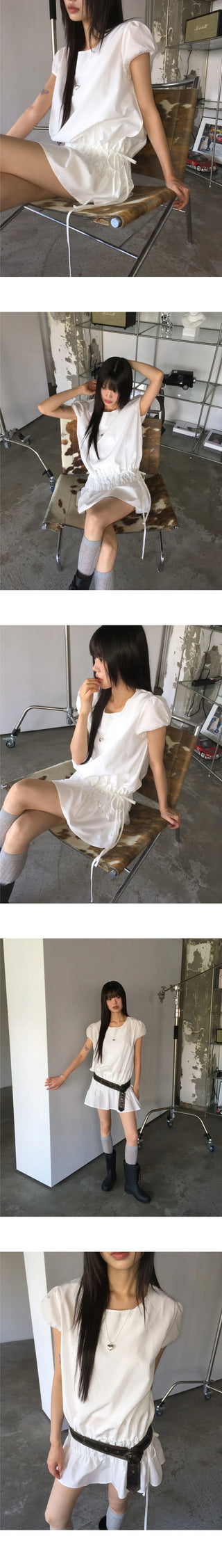 Pne Shirring Banding Puff Short Sleeve Mini Dress