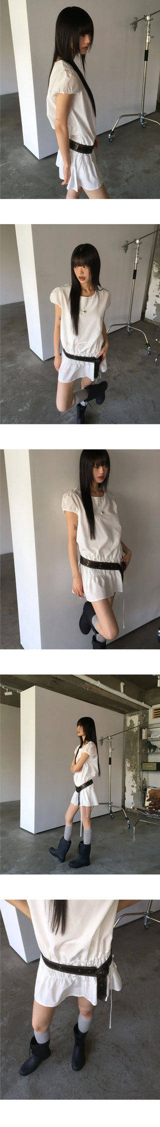 Pne Shirring Banding Puff Short Sleeve Mini Dress