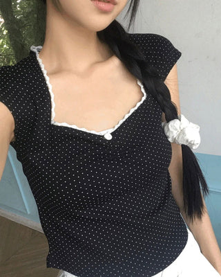 Peach Dot Rose Lace Crop Short Sleeve T-Shirt