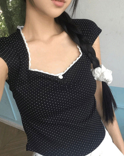 Peach Dot Rose Lace Crop Short Sleeve T-Shirt