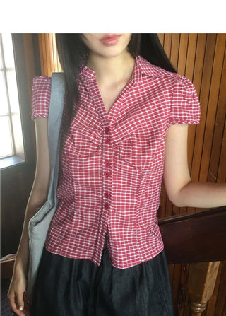 Trin Check Shirring Puff Blouse