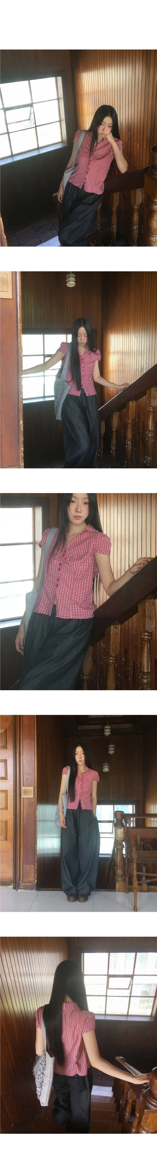 Trin Check Shirring Puff Blouse