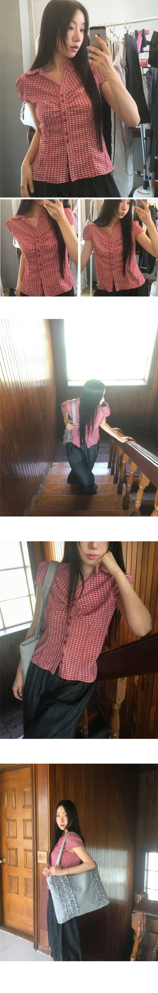 Trin Check Shirring Puff Blouse