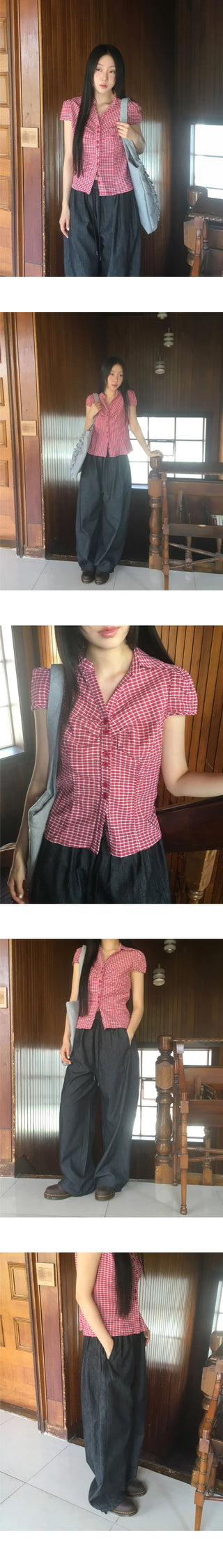 Trin Check Shirring Puff Blouse