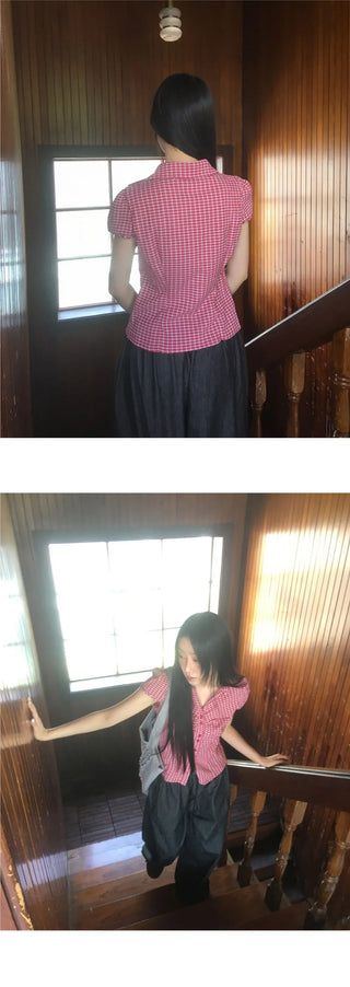 Trin Check Shirring Puff Blouse