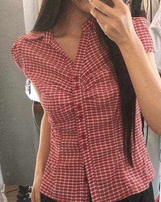 Trin Check Shirring Puff Blouse