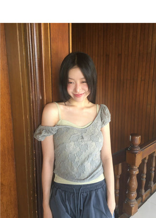 Kiha lace see-through puff crop short sleeve t-shirt