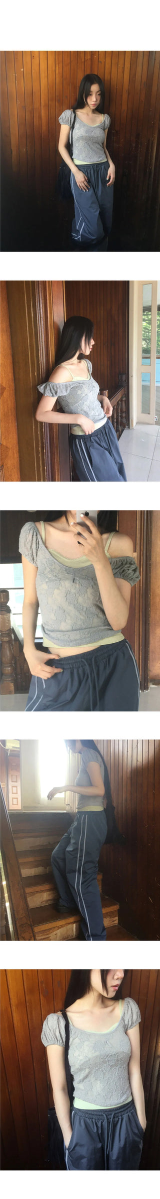 Kiha lace see-through puff crop short sleeve t-shirt