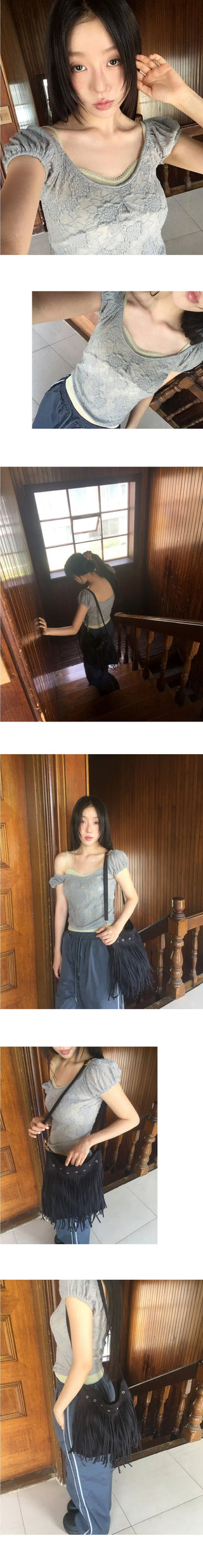 Kiha lace see-through puff crop short sleeve t-shirt