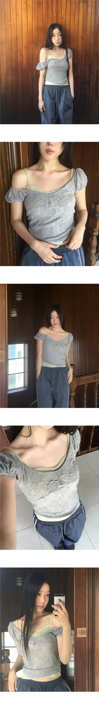 Kiha lace see-through puff crop short sleeve t-shirt