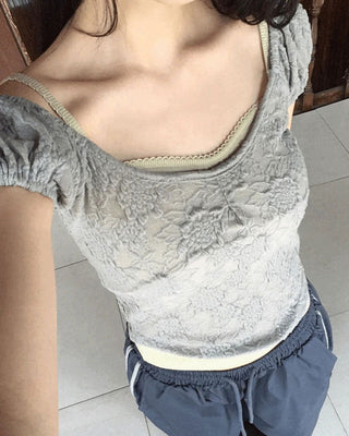 Kiha lace see-through puff crop short sleeve t-shirt