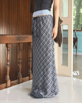 Daming Check Chiffon String Layered Long Skirt