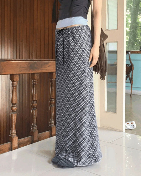 Daming Check Chiffon String Layered Long Skirt
