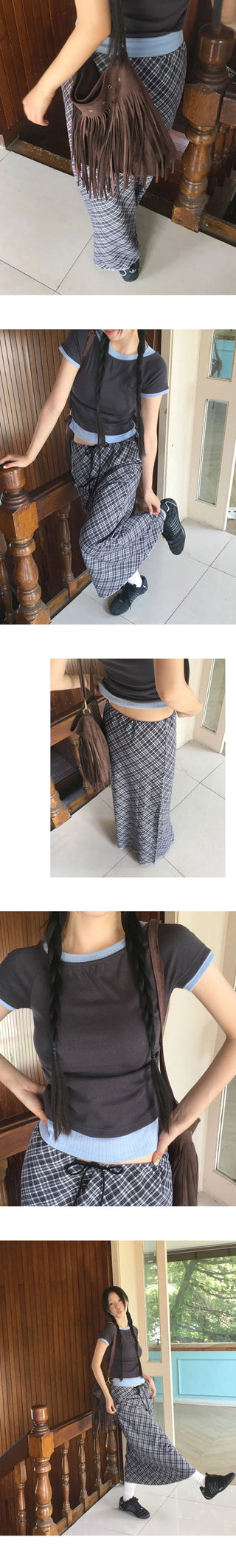 Daming Check Chiffon String Layered Long Skirt