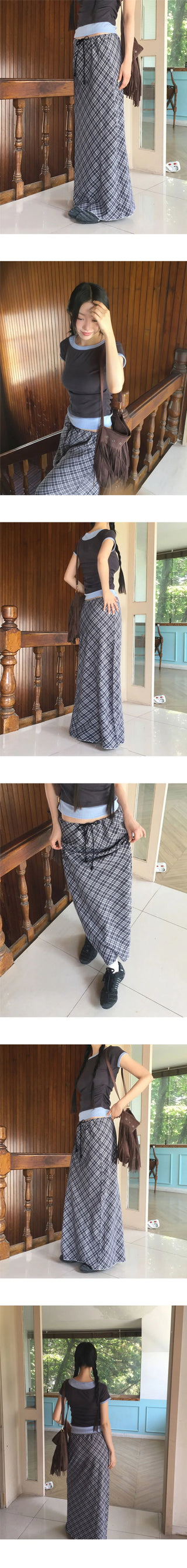 Daming Check Chiffon String Layered Long Skirt